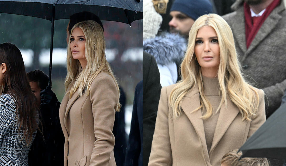 Ivanka Trump สวมโค้ต Oscar de la Renta ลายดอกไม้ 3 มิติในพิธีวางพวงมาลาที่สุสานทหารนิรนามในสุสานแห่งชาติ Arlington